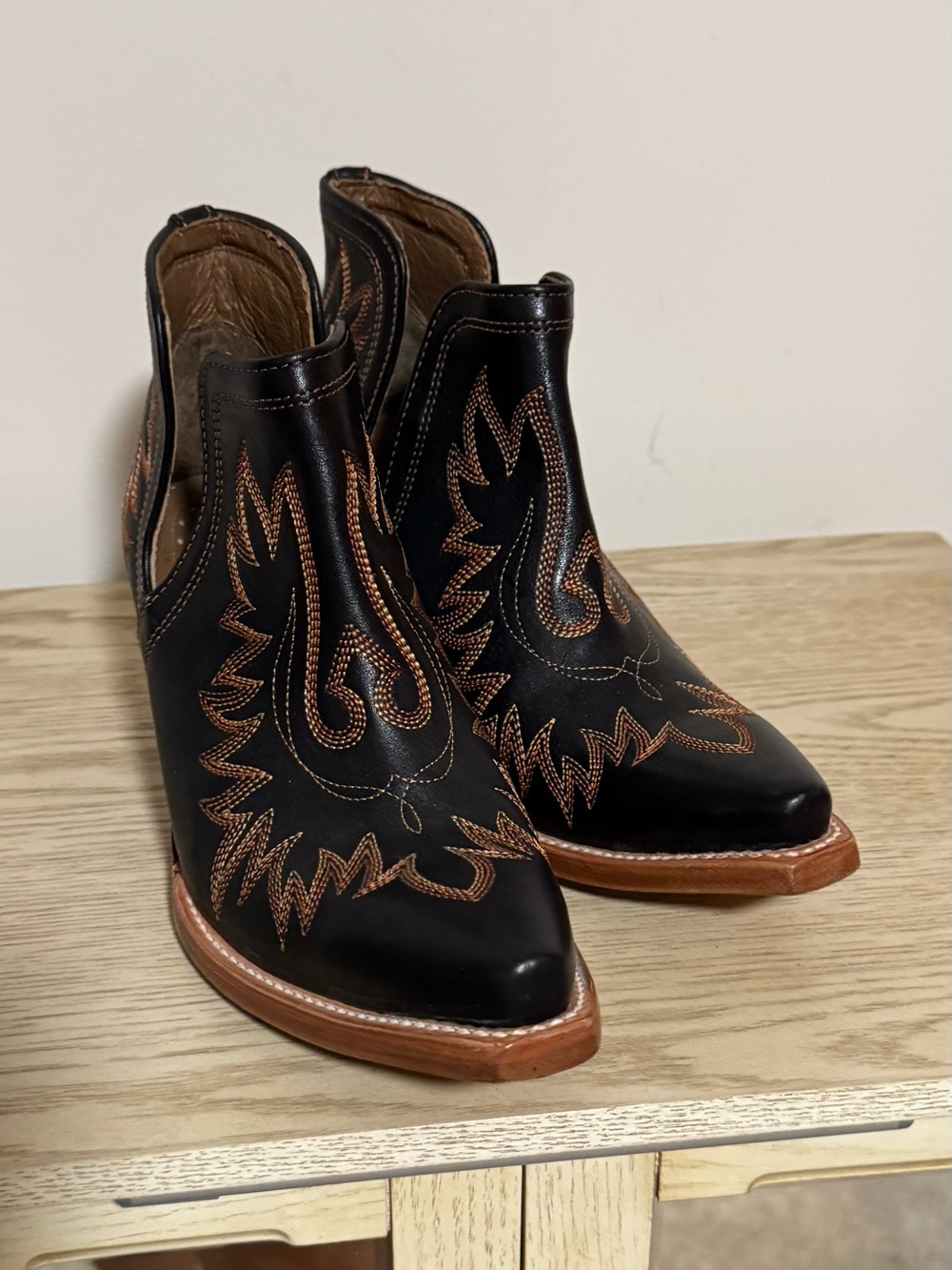 Women’s Black Leather Western Ankle Boots with Brown Stitching